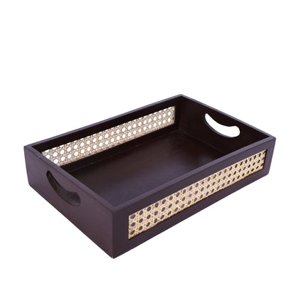 Wooden Serving Tray with Rattan Detail
