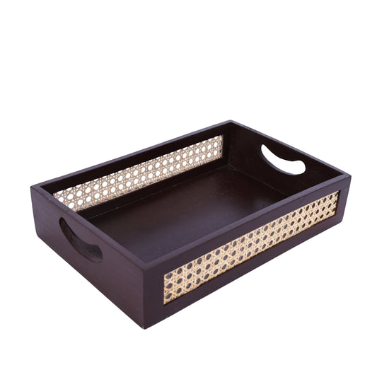 Wooden Serving Tray with Rattan Detail