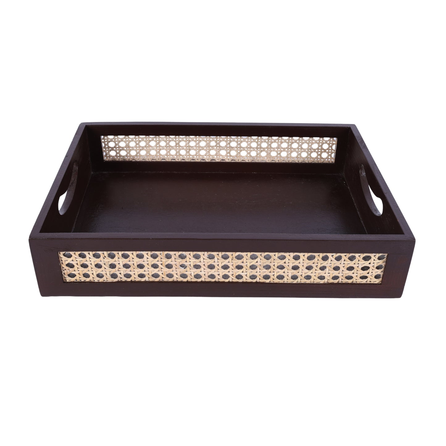 Wooden Serving Tray with Rattan Detail