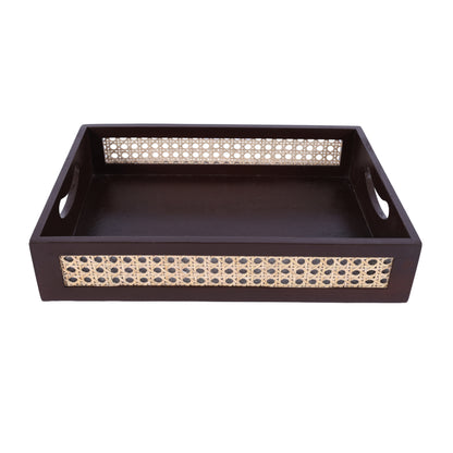 Wooden Serving Tray with Rattan Detail
