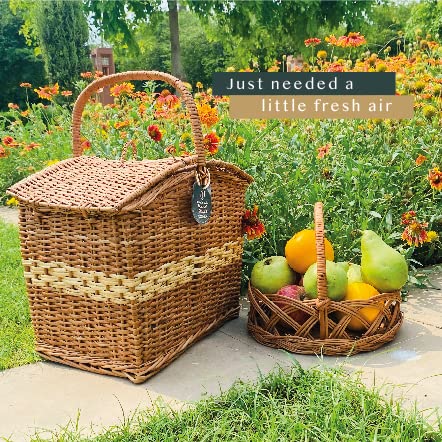 100% Natural and Handmade Portable Picnic Basket with Lid – Rustic